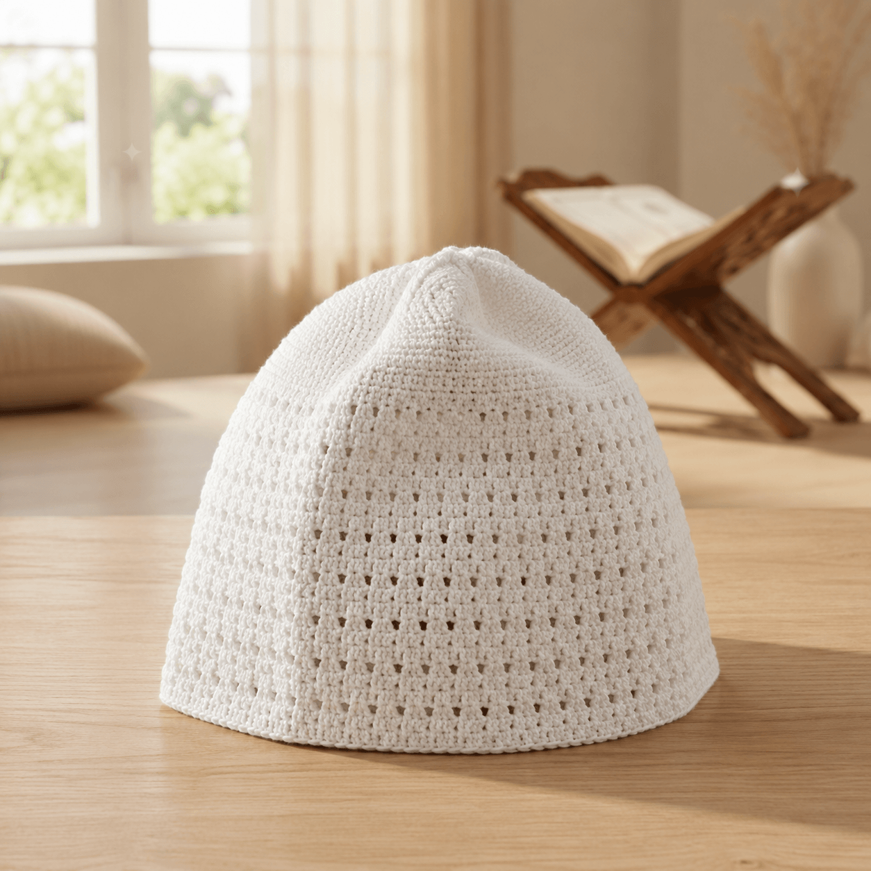 Premium Prayer Cap Topi White Crochet Muslim Cap Premium white knitted crochet Muslim prayer cap (topi) for daily salah and Islamic wear