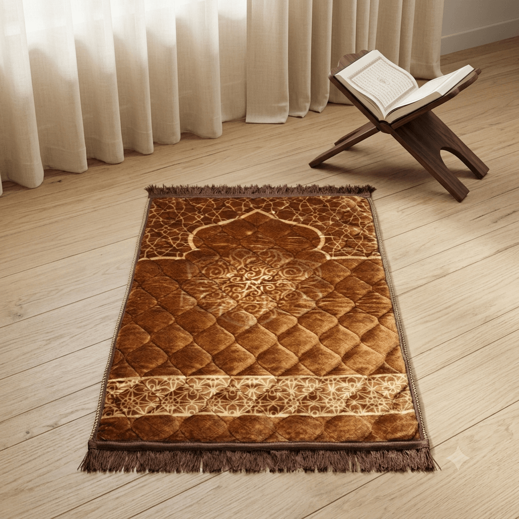 Luxury Velvet Prayer Mat – Heritage Arch Collection – Brown Brown luxury velvet prayer mat featuring heritage arch design and soft quilted texture
