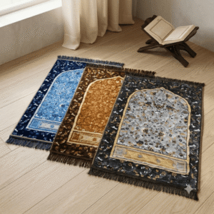 Luxury velvet prayer mat featuring floral arch design and soft quilted texture