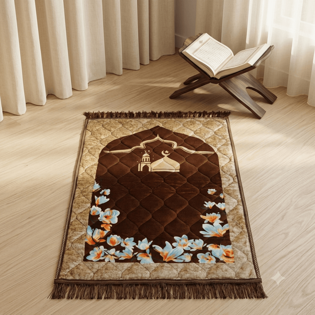 Luxury Velvet Prayer Mat – Classic Mosque – Brown Brown Luxury Velvet Prayer Mat with Classic Mosque Design and Quilted Velvet Pattern