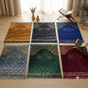 Luxury velvet prayer mats with floral mosque design, soft velvet texture and elegant Islamic pattern for daily salah