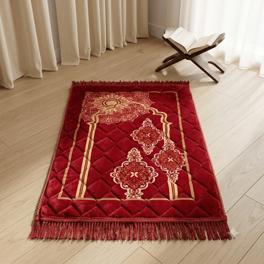 Luxury Velvet Prayer Mat – Floral Mihrab Collection – Cream Cream luxury velvet prayer mat featuring floral mihrab design and soft quilted texture
