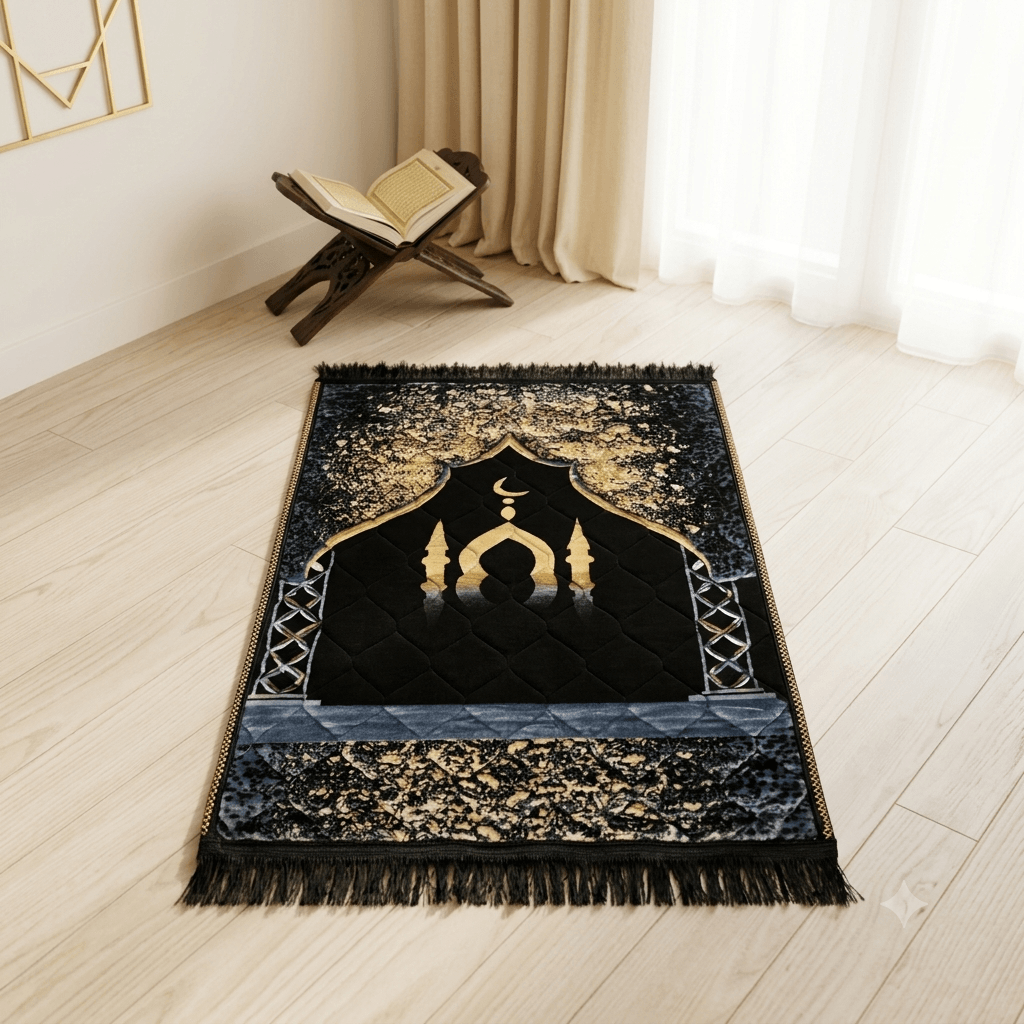 Luxury Velvet Prayer Mat – Minaret Mosque – Black Black Luxury Velvet Prayer Mat with Minaret Mosque Design and Gold Embroidery