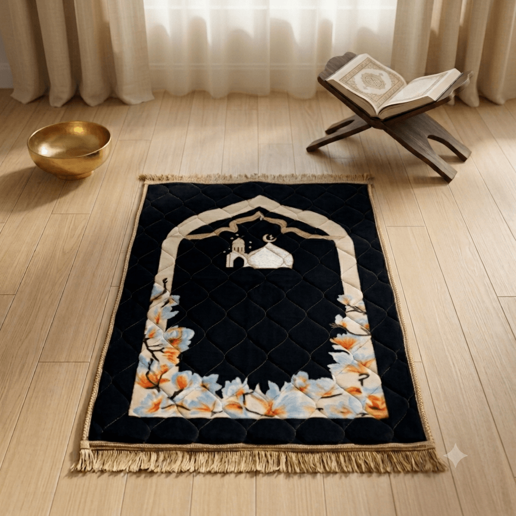 Luxury Velvet Prayer Mat – Classic Mosque – Charcoal Grey Charcoal Grey Luxury Velvet Prayer Mat with Classic Mosque Design and Elegant Embroidery