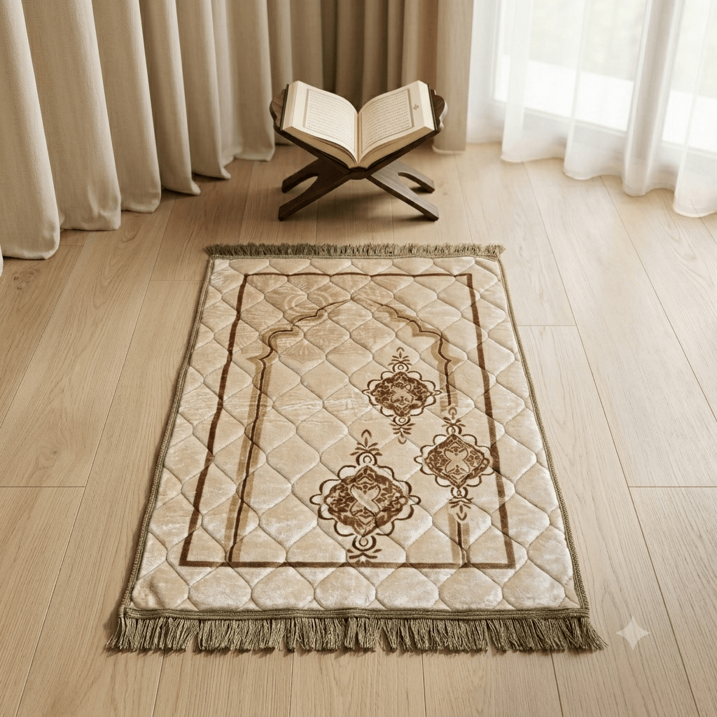 Luxury Velvet Prayer Mat – Floral Medallion Collection – Cream Cream luxury velvet prayer mat featuring floral medallion design and soft quilted texture