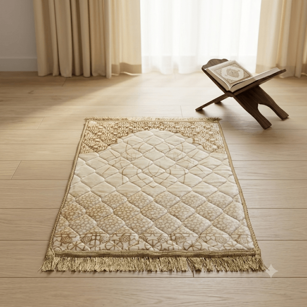 Luxury Velvet Prayer Mat – Heritage Arch Collection – Cream Cream luxury velvet prayer mat featuring heritage arch design and soft quilted texture
