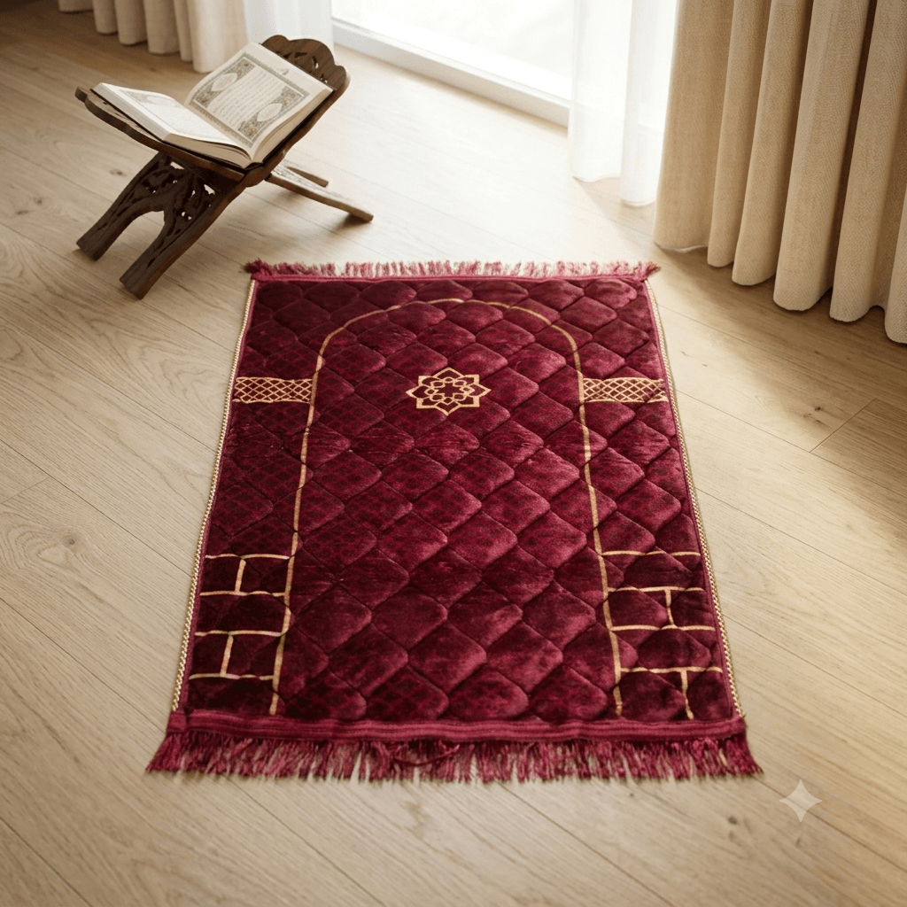 Luxury Velvet Prayer Mat – Arch Collection – Burgundy Burgundy velvet prayer mat with decorative Islamic arch pattern