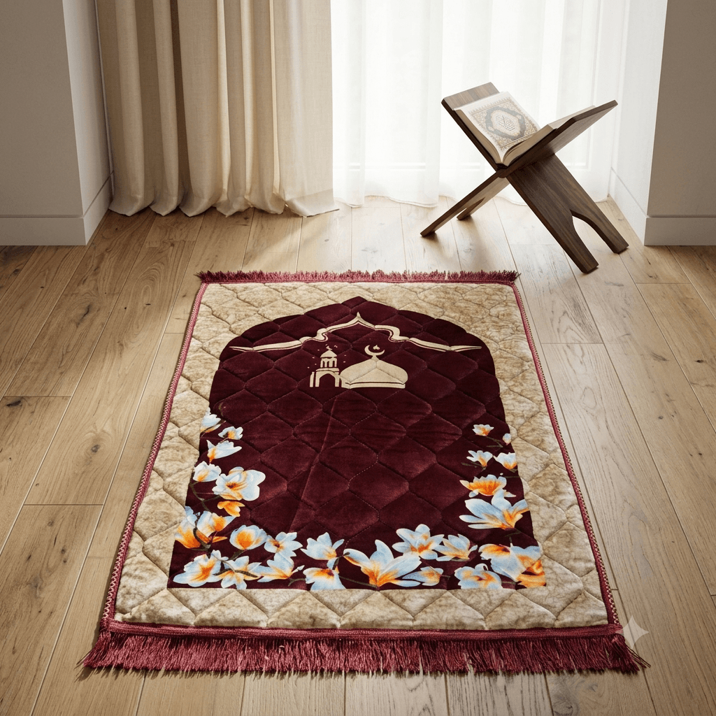 Elegant burgundy velvet prayer mat featuring a classic mosque motif, soft velvet surface, decorative tassels, and premium craftsmanship. Ideal for prayer, Ramadan gifts, and Islamic gifting. Burgundy Luxury Velvet Prayer Mat with Classic Mosque Design and Premium Velvet Texture