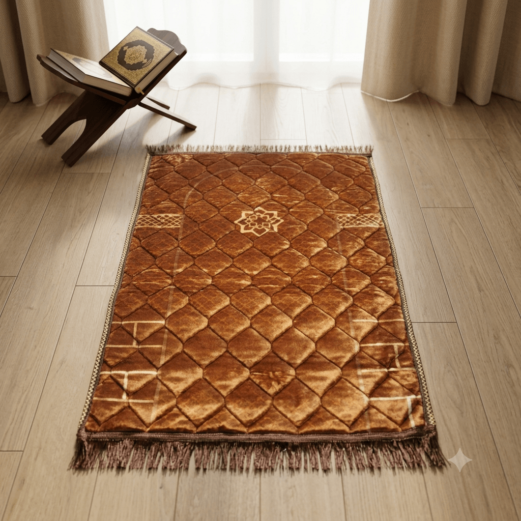 Luxury Velvet Prayer Mat – Arch Collection – Brown Brown luxury velvet prayer mat featuring traditional arch embroidery