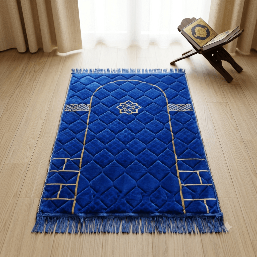 Luxury Velvet Prayer Mat – Arch Collection – Royal Blue Royal Blue luxury velvet prayer mat with elegant Islamic arch design