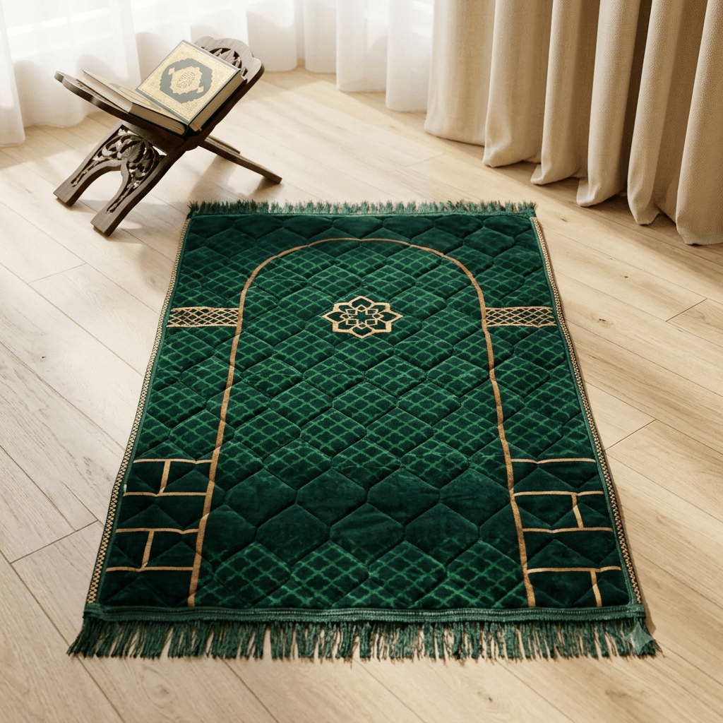 Luxury Velvet Prayer Mat – Arch Collection – Emerald Green Emerald Green luxury velvet prayer mat with Islamic arch design