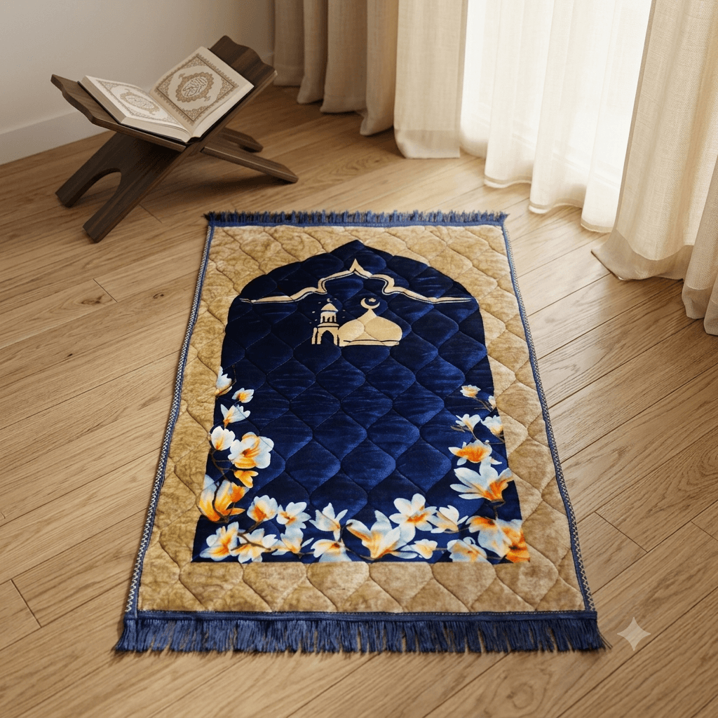 Luxury Velvet Prayer Mat – Classic Mosque – Royal Blue Royal Blue Luxury Velvet Prayer Mat with Classic Mosque Design and Soft Quilted Velvet Finish