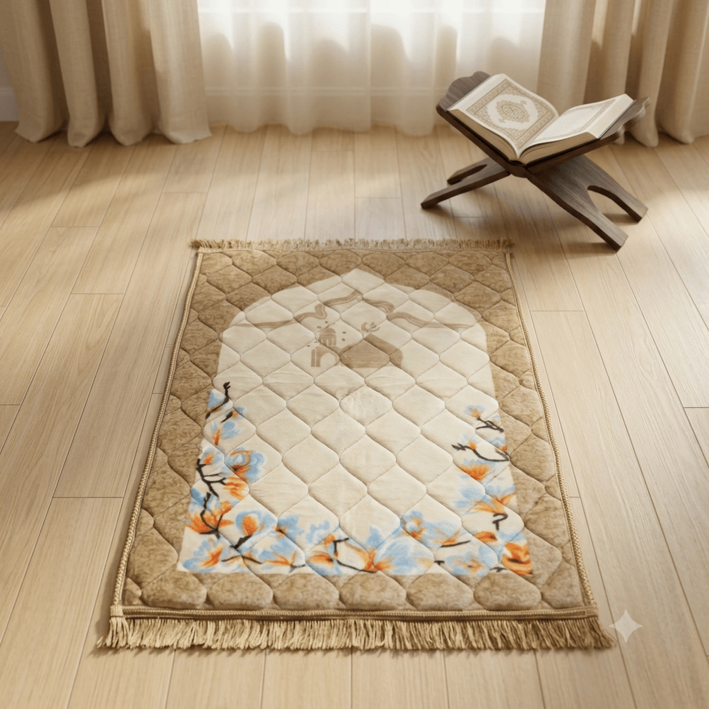 Luxury Velvet Prayer Mat – Classic Mosque – Cream Cream Luxury Velvet Prayer Mat with Classic Mosque Design and Soft Premium Velvet Finish