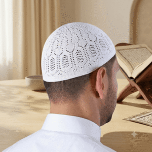 Premium white knitted crochet Muslim prayer cap (topi) for daily salah and Islamic wear