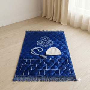 Royal Blue Essential Prayer Gift Box featuring luxury velvet prayer mat, ice blue tasbeeh and white prayer cap